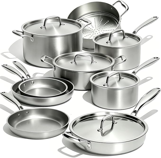 Umite Chef Stainless Steel Cookware Set, 5 Ply 14 Piece Stainless Steel Pot and Pan Set-Induction, Heavy Chef Quality, Oven Safe | Professional Kitchen Cooking Appliances, PFOA, PTFE & PFOS Free