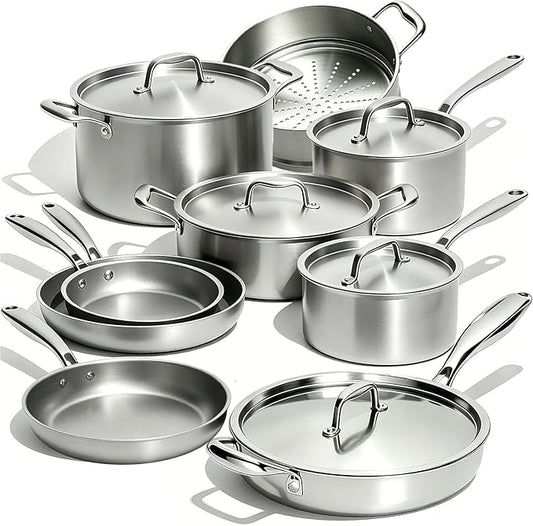Umite Chef Stainless Steel Cookware Set, 5 Ply 14 Piece Stainless Steel Pot and Pan Set-Induction, Heavy Chef Quality, Oven Safe | Professional Kitchen Cooking Appliances, PFOA, PTFE & PFOS Free