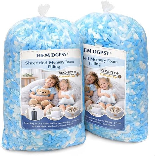 10lbs Shredded Memory Foam Filling, Blue and White Bean Bag Filler, Soft Pillow Stuffing Refill for Punching Bag, Couch, Cushion, Dog Bed, Pouf, Arts and Crafts