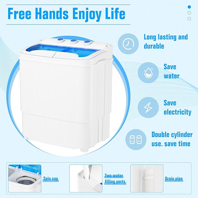 Pataku Portable Washing Machine, Compact Twin Tub Mini Washing Machine, 17.6 LBS Washer and Dryer Combo with Soaking Function, Semi-Automatic for Apartment, Dorms, RVs, Camping (White & Blue)