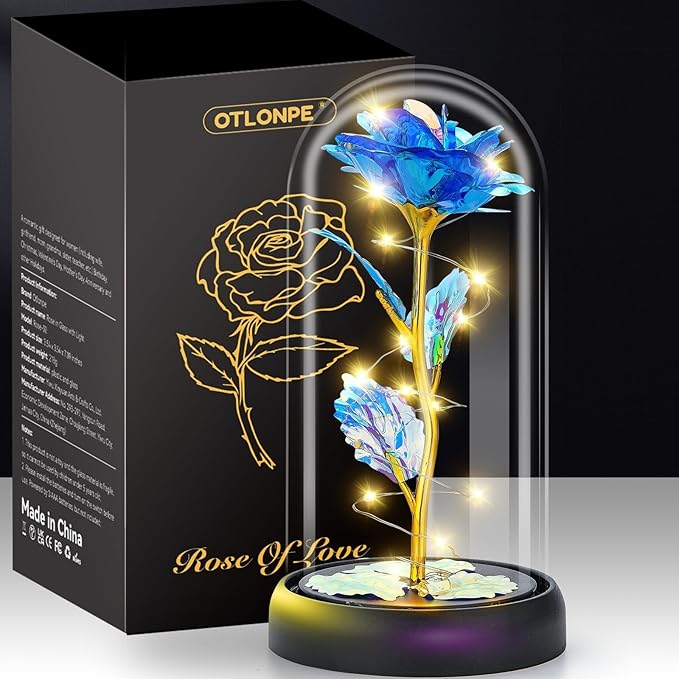 Otlonpe Mothers Day Flowers Gifts for Mom from Daughter Son, Preserved Forever Glass Light Up Rose Gifts for Grandma Wife Women Girlfriend Sister, Teacher Appreciation Graduation Gift for Her (Blue)