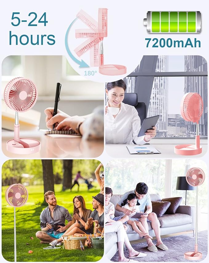 UN UNITEDTIME Desk and table fan, foldable Fan Portable Travel Fans Battery Operated,Adjustable Height My Foldaway fan with remote Control Timer, 4 Speed Settings (Pink)