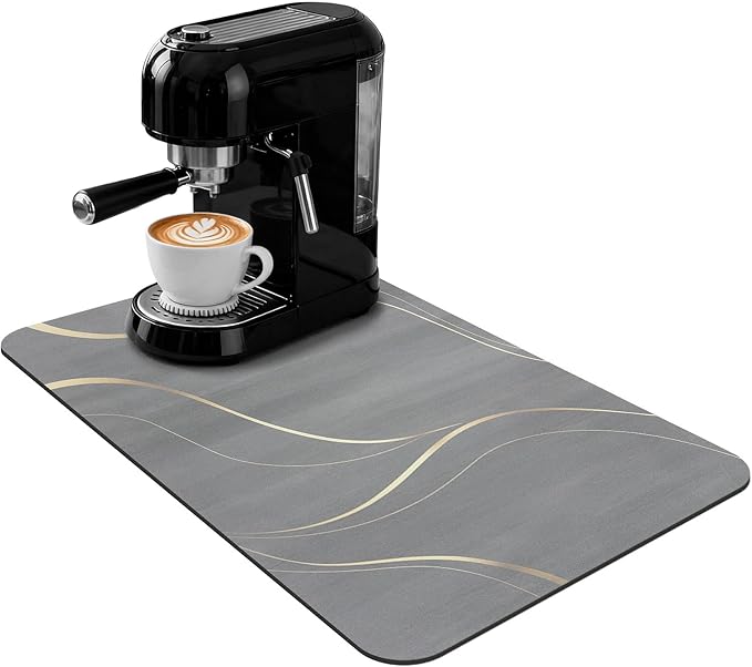 Coffee Mat 19x12 Inch, Irregular Gray Streamline Coffee Bar Mat, Absorbent Hide Stain Rubber Backed Dish Drying Mat for Kitchen Counter, Mat for Countertops, under Coffee Machine Pot Espresso Station