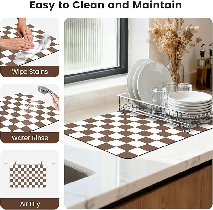 12" x 20" Checkered Dish Drying Mat for Kitchen Counter, Absorbent Coffee Bar Mat for Espresso Machine Coffee Countertops Accessories, Coffee Brown