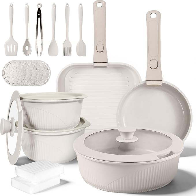 24-Piece Non-Stick Aluminum Cookware Set, Kitchen Collection with Glass Lids, Stackable Storage, PFOA-Free, 8-inch Skillet, Plastic Handle, Hand Wash Recommended (WHITE)