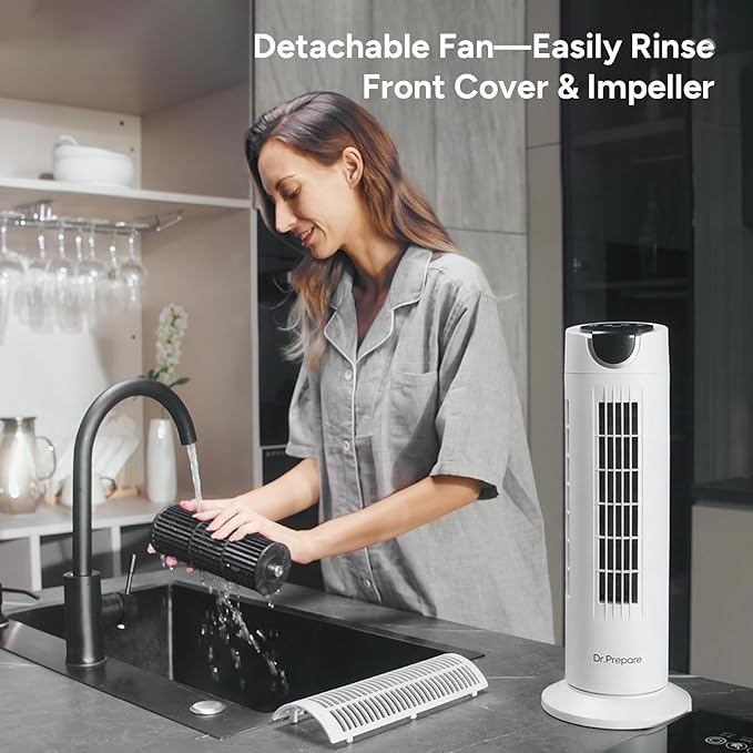 DR.PREPARE Tower Fan for Bedroom, 25 dB Quiet DC Motor Bladeless Fan, Detachable Washable Design, 8 Speeds, 8H Timer, 80° Oscillating Fans for Indoors, 16 Inch Desk Table Fans with Remote, White