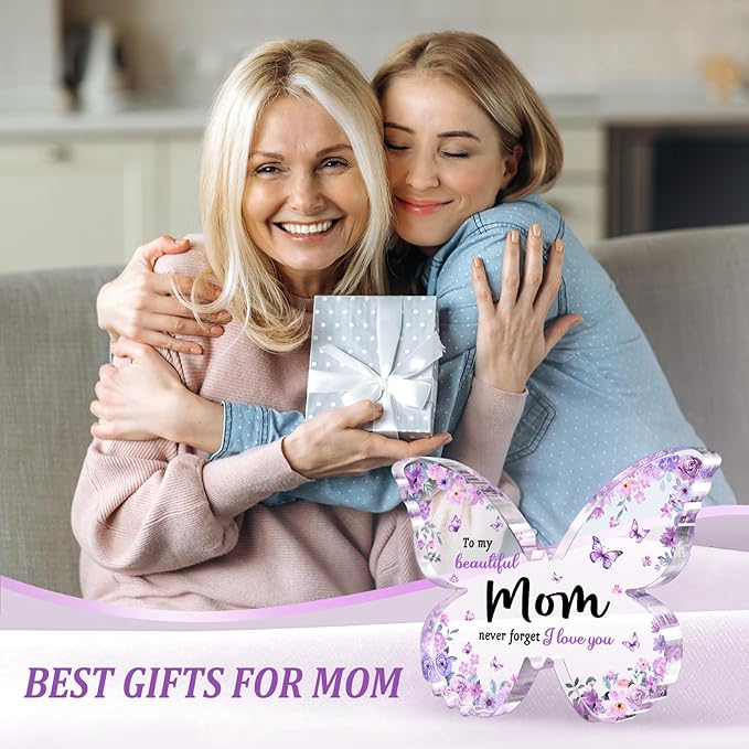 Gifts for Mom, Mom Birthday Gifts, Unique Purple Butterfly Acrylic Plaque Desk Decor, Mothers Day Valentines Christmas Gift for Mother from Daughter Son - 5 x 3.8 x 0.5 inches