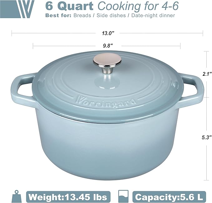 VORRINGARD Enameled Cast Iron Dutch Oven Pot with Lid, for Bread Baking, Round Bread Oven- include Sourdough Bread Baking Supplies Set, 6QT, Sea Salt