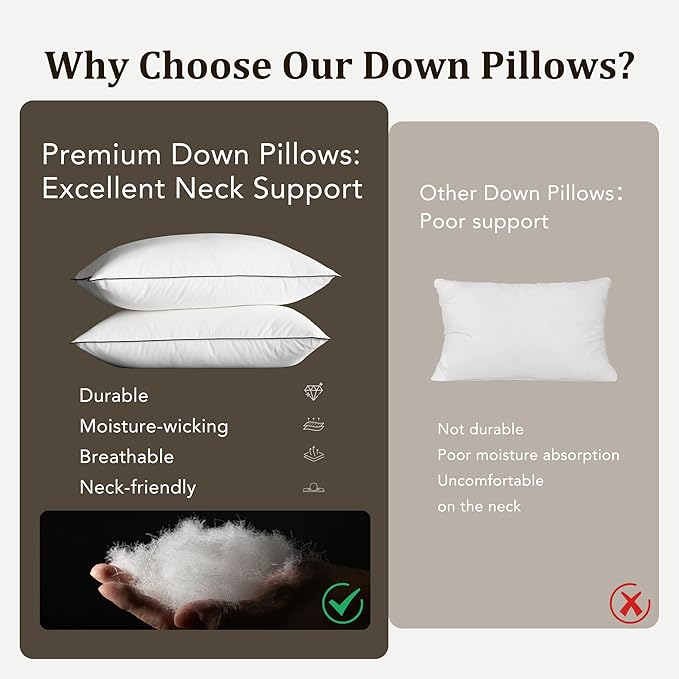 Down Pillows Breathable Cotton Shell Cover,Luxury Hotel Collection Bed Pillows for Sleeping,Fluffy Soft Medium Firm Down Fiber Pillows