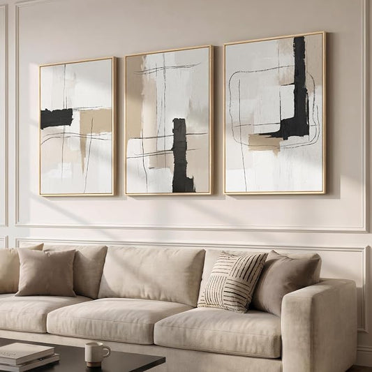 Large Framed Neutral Abstract Wall Art for Living Room, Set of 3 Modern Black and White Beige Canvas Prints Paintings Artwork for Walls, Minimalist Pictures for Bedroom Hallway Wall Decor 24x36 In