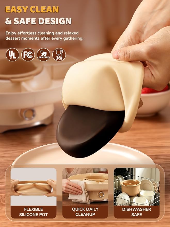 Electric Chocolate Fondue Set, 4-Cup Chocolate, Rotating Tray | Melt & Warm Modes, Dual Silicone Inserts, 6 Color-Coded Forks, Easy-Clean, Ideal for Candy Melts, Couple Family & Date Night