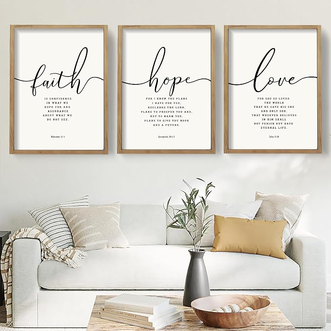 Houmury Set of 3 Framed Farmhouse Bible Verses Wall Decor Sign 11”x14” Christian Faith Scripture Wall Art for Home Living Room Bedroom Wall Decor (11"x14" Brown)
