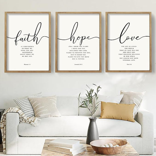 Houmury Set of 3 Framed Farmhouse Bible Verses Wall Decor Sign 11”x14” Christian Faith Scripture Wall Art for Home Living Room Bedroom Wall Decor (11"x14" Brown)