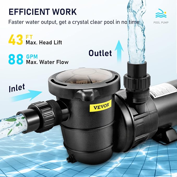 VEVOR 1.5HP Single Speed Above Ground Pool Pump 88 GPM 115V