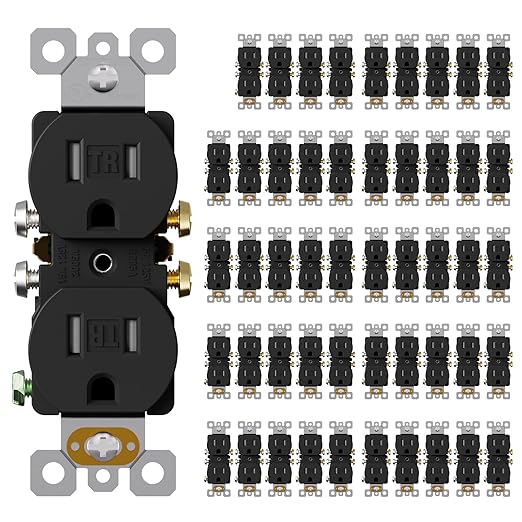AIDA 50 Pack Matte Black 15 Amp Outlet Duplex Electrical Receptacle Outlets,Power Outlet,Tamper Resistant,Heavy-Duty Receptacle, 2 Pole,3-Wire, Self-Grounding Clip, NEMA 5-15R,UL Listed