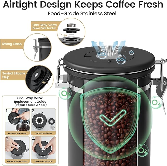 Veken Coffee Canister with Window,Airtight Stainless Steel Pantry Container,Home Kitchen Food Storage Organizers for Ground,Beans,Espresso,Rice,Tea,Sugar,Cereal, Decor,Bar Accessories,Gifts,22OZ,Black