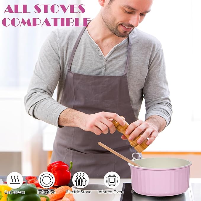 Vivicreate 11 Piece Pots and Pans Set Nonstick with Removable Handle, Induction Cookware, Stackable Kitchen Set for RV Camping Apartment, Frying Pan and Saucepan (Pink)