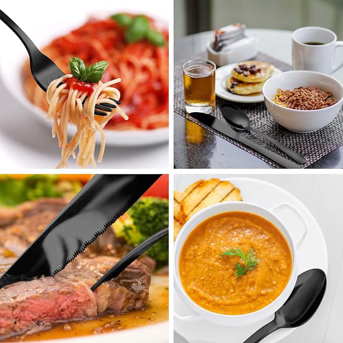Pleafind 24Pcs Black Silverware Sets for 4 - Dishwasher Safe, Flatware Set with Steak Knives, Stainless Steel Cutlery Set, Include Forks Spoons and Knives Set, Utensil Sets for Home Restaurant