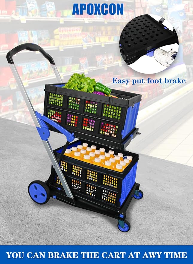 APOXCON Shopping Cart with 2 Storage Crates, Multi Use Two Tier Collapsible Cart with 360° Rolling Swivel Wheels Heavy Duty Folding Trolley for Shopping, Picnic and Office