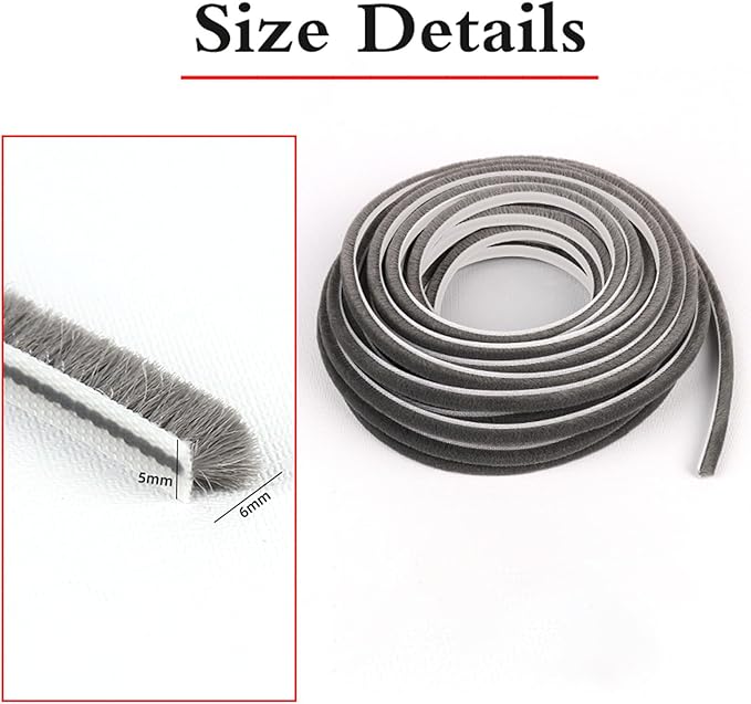 Window Weather Stripping Door Seal, Door Window Weatherstrip Brush Type Windproof Soundproof Insect Proof Grey Multiple Sizes(5 x 6mm)