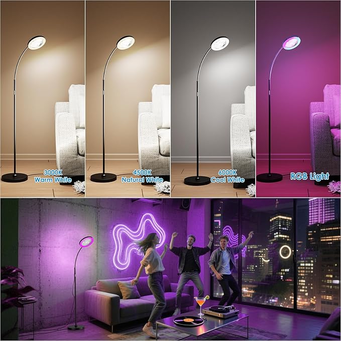Floor Fan with RGB Lights Lamp 18w 1200Lm LED Light Fixture with Standing Fan and Remote（Black）
