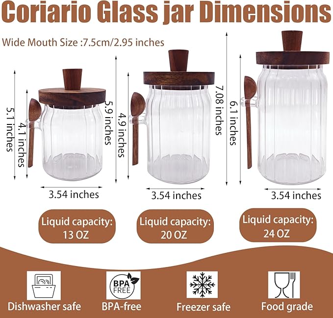 Coriario 13 OZ Glass Jar with Lid and Spoon Airtight Glass Candy Jars Wide Mouth Ribbed Glass Coffee Storage Canister Wooden Handle Lids for Food Sugar Cookie Tea Decorative