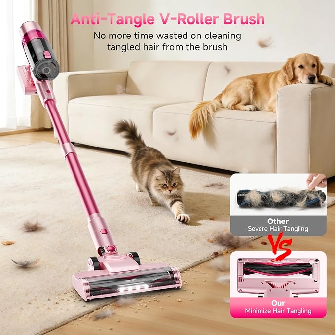 Cordless Vacuum Cleaner:Portable 6-in-1 Stick Vacuum with Anti-Tangle Brush | LED Headlight, Self-Standing, HD Display, Rechargeable Vacuum for Pet Hair, Low-Pile Carpet and Hardwood Floor-Dark Pink