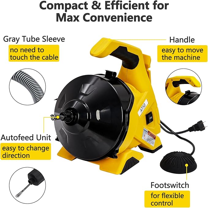 Electric Drain Cleaner Machine, 30FT Strong Flexible Cable, Auto-Feed Electric Drain Auger for 3/4"-2" Pipes, for Sinks, Tubs & Floor Drains, Enclosed Drum, Easy-to-Use DIY Clog Removal Tool