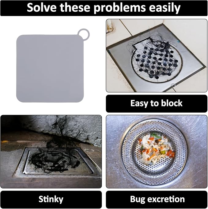 2 Pcs Silicone Tub Stopper Drain Cover Sewer, Anti-Odor Deodorizing Mat and Plugs, Shower Drain Cover, 4.72 x 4.72 Inch Universal Tub Stopper for Shower, Kitchen, Bathroom, Laundry (Gray)