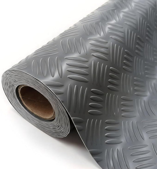 StellarStar 4x8 FT Garage Floor Mat, 2mm Thickened Ribbed PVC Diamond Plate Garage Mat with 20PCS Tapes, Rubber Flooring Rolls for Under Car, Rubber Motorcycle Mat for Golf Cart, Trailer, Gray