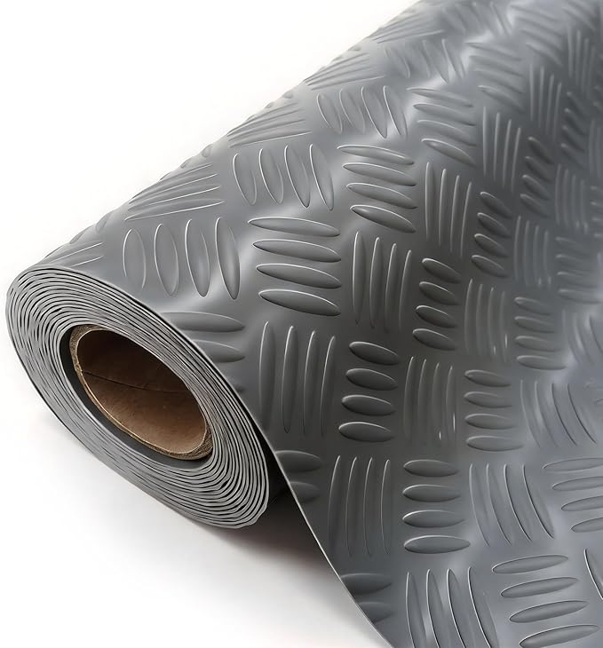 StellarStar 4x20 FT Garage Floor Mat, 2mm Thickened Ribbed PVC Diamond Plate Garage Mat with 20PCS Tapes, Rubber Flooring Rolls for Under Car, Rubber Motorcycle Mat for Golf Cart, Trailer, Gray