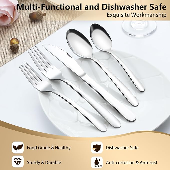 Pleafind 40-Pcs Silverware Set for 8, Premium Stainless Steel Flatware Set, Include Forks Spoons and Knives Set, Mirror Polished Cutlery Utensil Set for Home Restaurant, Dishwasher Safe