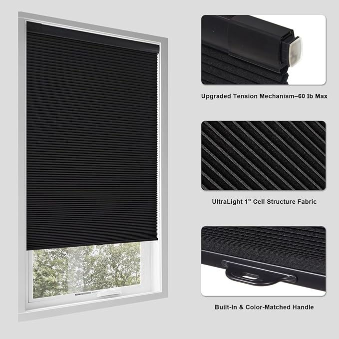 Tonature No Drill Cellular Shades for Indoor Windows, Thermal Insulating & Noise Reducing Honeycomb Blinds, Free Stop Cordless Blackout Shades, Black, 31" W x 64" H