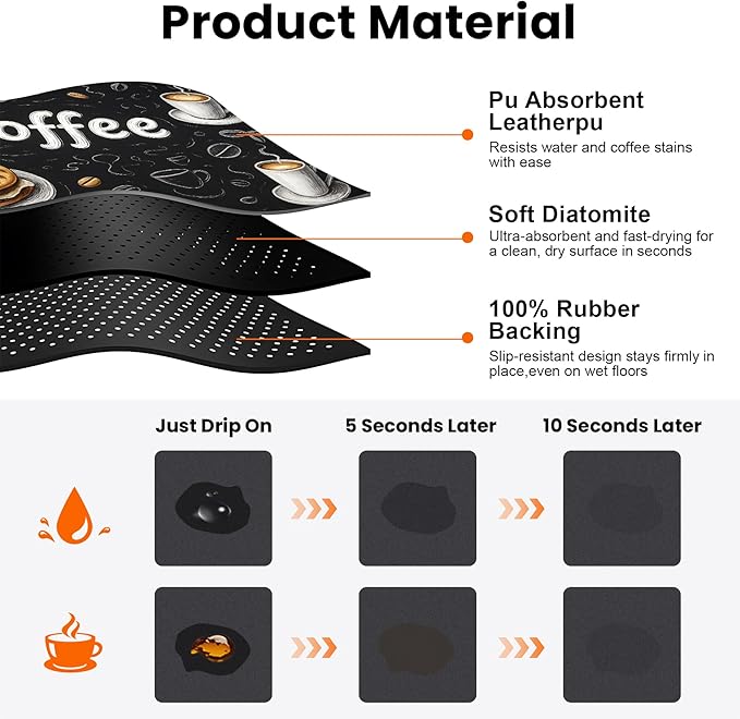 Coffee Mat 17"x32" - Extra Large Absorbent Non Slip Dish Drying Mat,Coffee Bar Accessories,Kitchen Counter Protector for Coffeemaker, Sink, Dining Decor