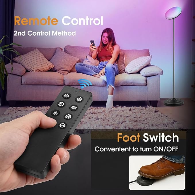 hanaking 30W/2600LM Bright Floor Lamp with Remote Control, RGB Color Changing Torchiere Floor Lamp, Stepless Adjust Color Temperatures and Brightness for Bedroom and Play Room
