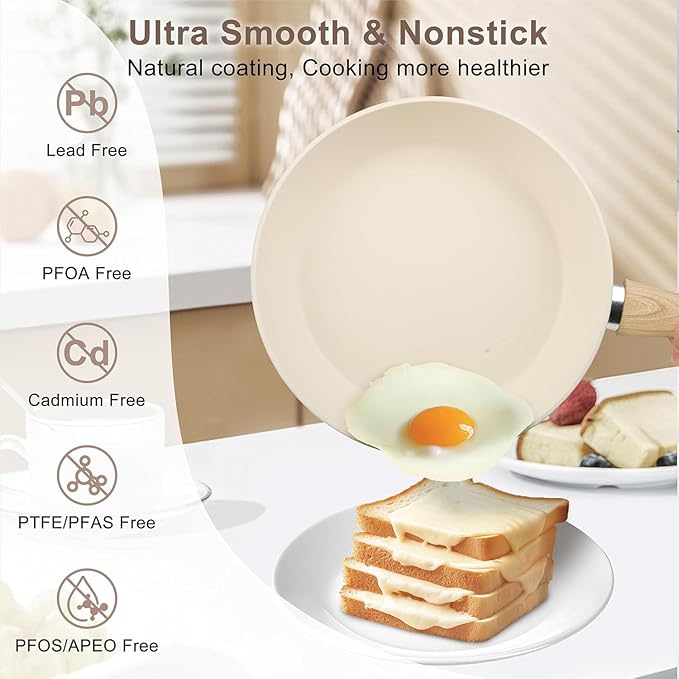 11 Pcs Pots and Pans Set, Nonstick Cookware Set with Lids and Wooden Handles, Silicone Spoons & Spatulas, Non-toxic Healthy Kitchen Cooking Set, PFAS & PFOA Free