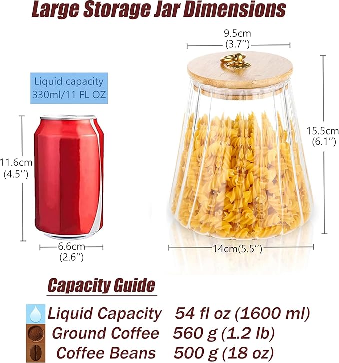 Glass Coffee Nuts Canister Airtight Storage Jar Petal Decorative Container with Bamboo Lid Metal Handle Easy to Grasp 1600ml, 54 FL OZ (Large Conical)