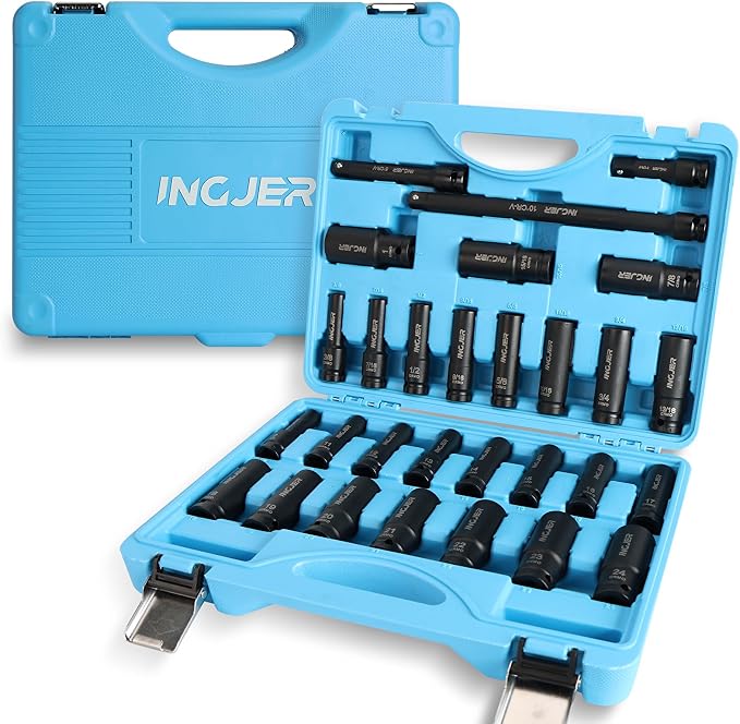 1/2" 29PCS Impact Socket Set, Upgrade CR-MO 6 Point Socket Set,SAE (3/8"-1") & Metric (10-24mm), Standard & Deep Sockets with Extension Bars, High Torque, Ideal for Truck Bearing Locknut.