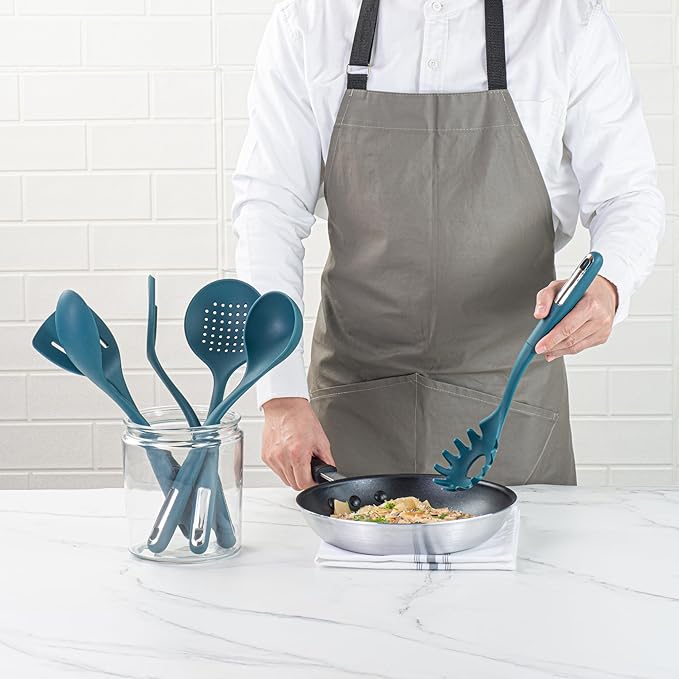 Restaurantware Silicone Utensil Set Pack of 1 Non-Slip Handle 6-Piece Kitchen Tool Set, Heat-Resistant Dishwasher-Friendly Cooking Accessories, Durable Teal Cooking Utensils