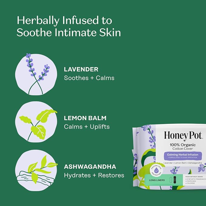 The Honey Pot Company - Calming - Long Panty Liners for Women | 100% Organic Cotton Cover - Calming Herbs of Lavender, Ashwagandha, & Lemon Balm - Feminine Care - 30ct