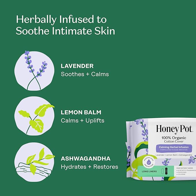 The Honey Pot Company - Calming - Long Panty Liners for Women | 100% Organic Cotton Cover - Calming Herbs of Lavender, Ashwagandha, & Lemon Balm - Feminine Care - 120ct
