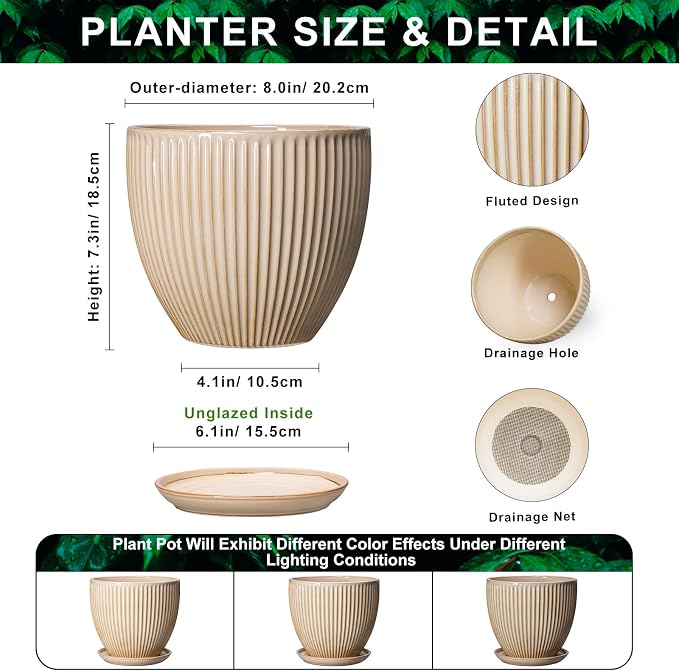 8 Inch Pots for Plants, Ceramic Planter with Drainage Hole and Saucer, Decorative Indoor Plant Pots for Snake Plants, Modern Round Flower Pot, Office House Decor, Gardening Gifts, Beige