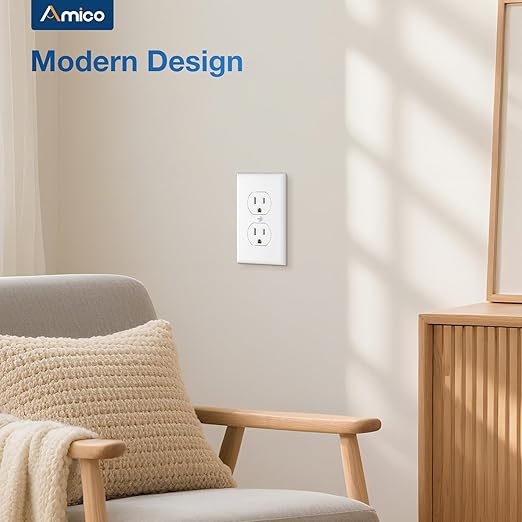 Amico 30 Pack 15 Amp Duplex Outlets with Wall Plates Bundle, UL Listed, Heavy-Duty 2-Pole 3-Wire Tamper Resistant Electrical Outlets Receptacles, Self-Grounding, Suitable for Home and Business, White