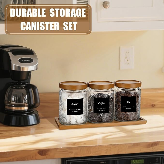 3 Pcs Glass Coffee Container Set with Wooden Lid Spoon Shelf Labels Clear Sugar Tea Airtight Jar Food Storage Canisters Set for Spice Holder Coffee Bar Gifts(Sunflower,24 oz)