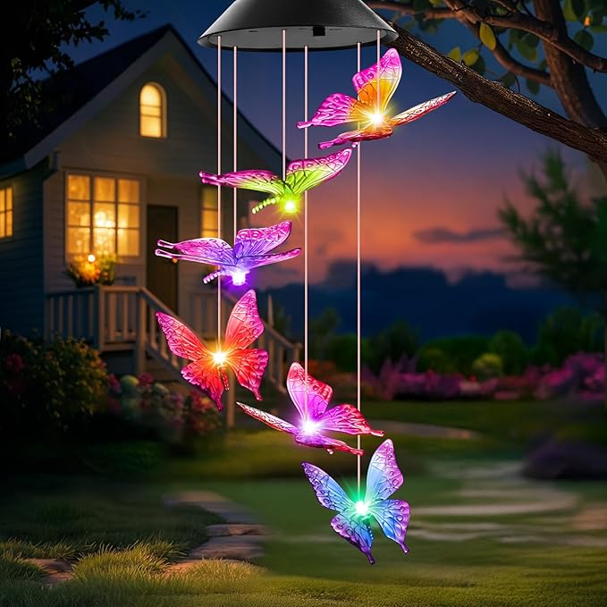 Mom Grandma Nana Gifts for Mothers Day, Birthday Gardening Gifts for Women Wife Sister, Winzwon Solar Lights Outdoor Wind Chimes for Outside Garden Yard Patio Porch Decor Butterfly Decorations