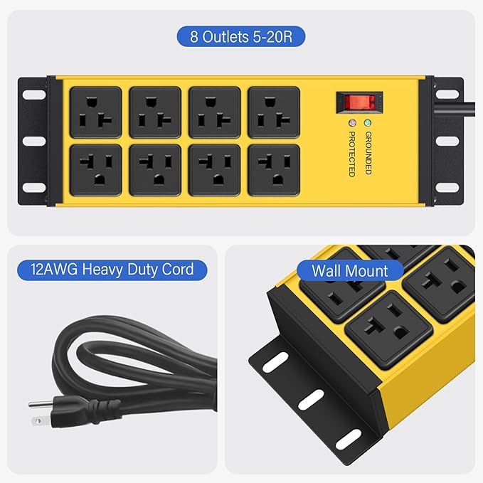 CCCEI Heavy Duty Power Strip Surge Protector 20 AMP Switch, 12 Gauge Extension Cord with Multiple Outlets, Industrial, Shop, Garage High Amp Wall Mount Electric Extender. 4FT, Yellow.
