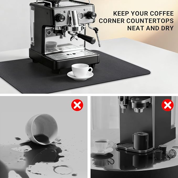 Coffee Mat 19x12 Inch, Black Coffee Machine Mat, Absorbent Hide Stain Rubber Backed Dish Drying Mat for Kitchen Counter, Bar Mats for Countertops, under Coffee Maker Pot Espresso Station