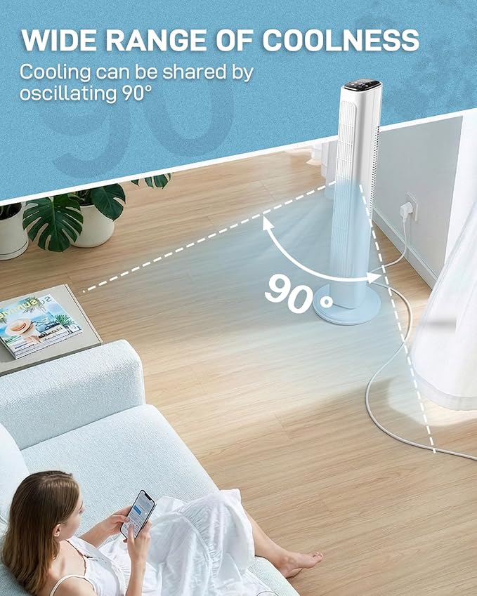 Winado 36" Bladeless Tower Fan, Portable Floor Fan with Remote Control, LED Display, Adjustable 90° Oscillating, 3 Speeds, 3 Modes & 9H Timer, Ultra-Quiet Cooling Fan for Home Office Bedroom, White