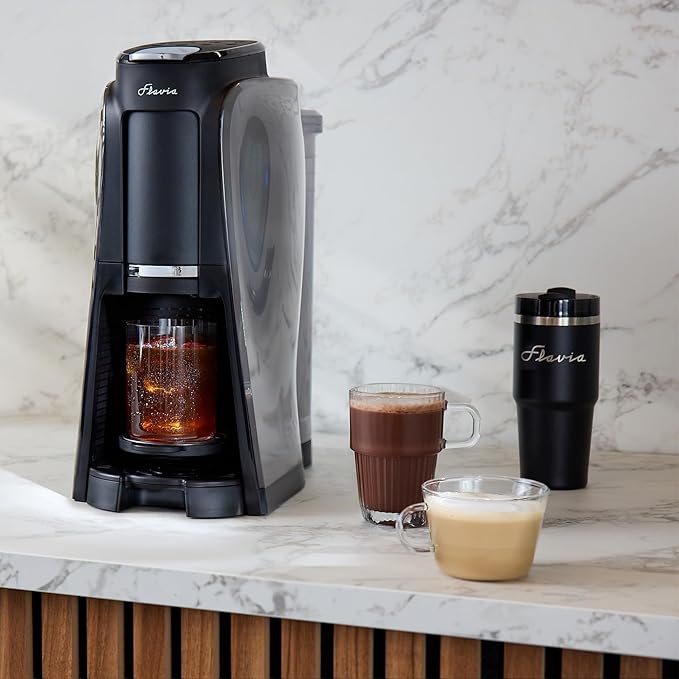 Flavia Aroma Brewer Bundle with 84 Freshpacks and 1 Merchandiser - Coffee Machine, Makes Coffee, Lattes, Tea, and other Hot or Iced Beverages, Multiple Brew Sizes, Black, Works ONLY with Freshpacks