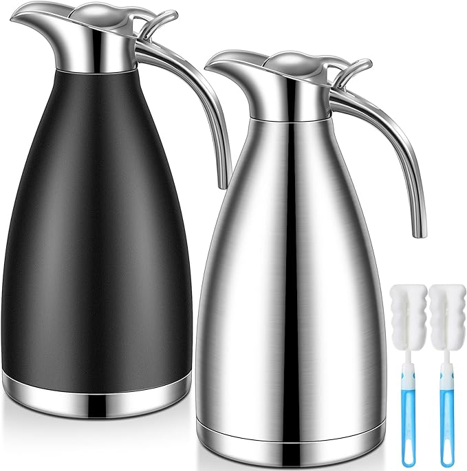 Uiifan 2 Pcs 68 oz Thermal Coffee Carafe Insulated Stainless Steel Coffee Carafe for Hot Liquids Vacuum Thermal Pot Creamer Dispenser with Brushes Keeping Hot Tea Milk Water(Black, Silver)